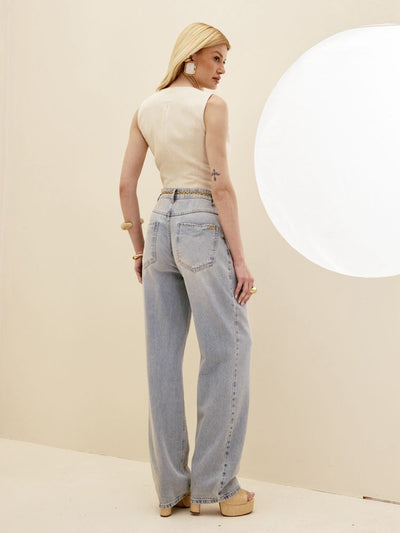CALÇA JEANS RETA COM CINTO MADREPÉROLA